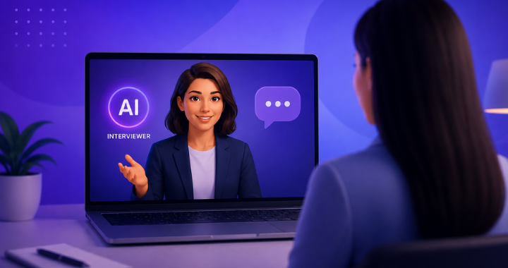 A candidate attending a virtual interview with an AI-powered interviewer displayed on a laptop screen in a modern workspace.